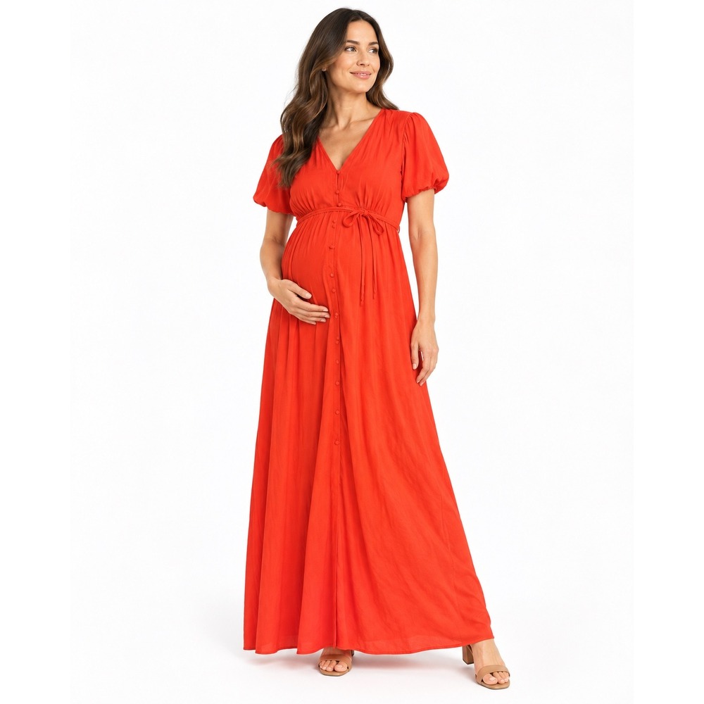 Seraphine Red Maternity Maxi Dress Button Down Empire Waist Lyocell Blend Sz 10